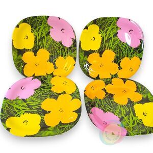 1997 Andy Warhol FLOWERS Dinner Plates Set of 4 Precidio Melamine Pop Art RARE